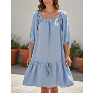 CP Shades Light Blue linen on off shoulder tie waist Dress Sz XS